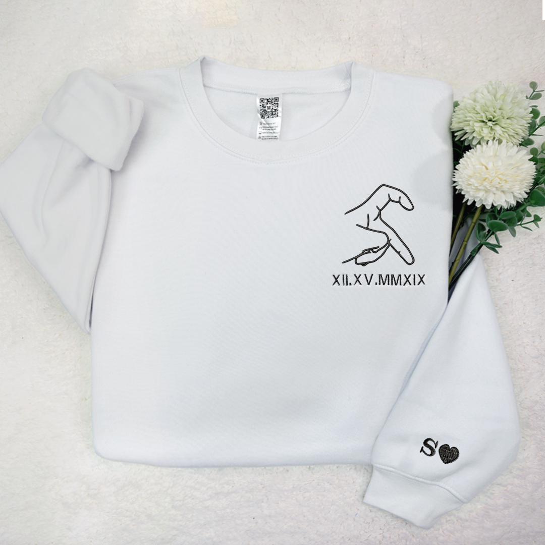Custom Embroidered Sweatshirt,Custom Embroidered Roman Numeral Date - Initials On Sleeves TH
