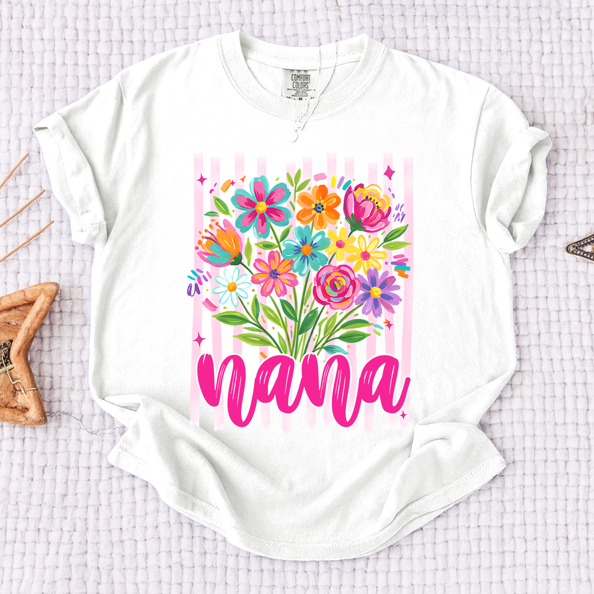 Comfort Colors® Custom Striped Wildflowers Nana Shirt, Trendy Ditsy Floral Gift for Grandma And Kids