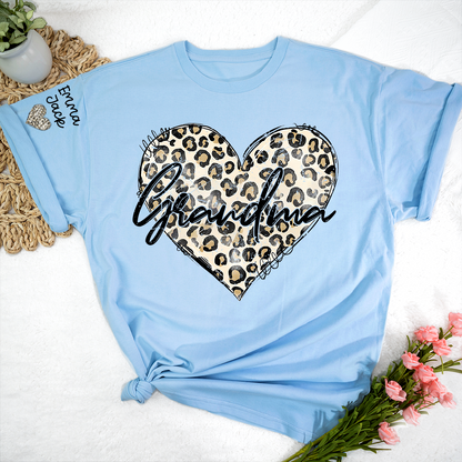 Personalized Grandma Shirt with Leopard Heart Design, Custom Family T Shirt