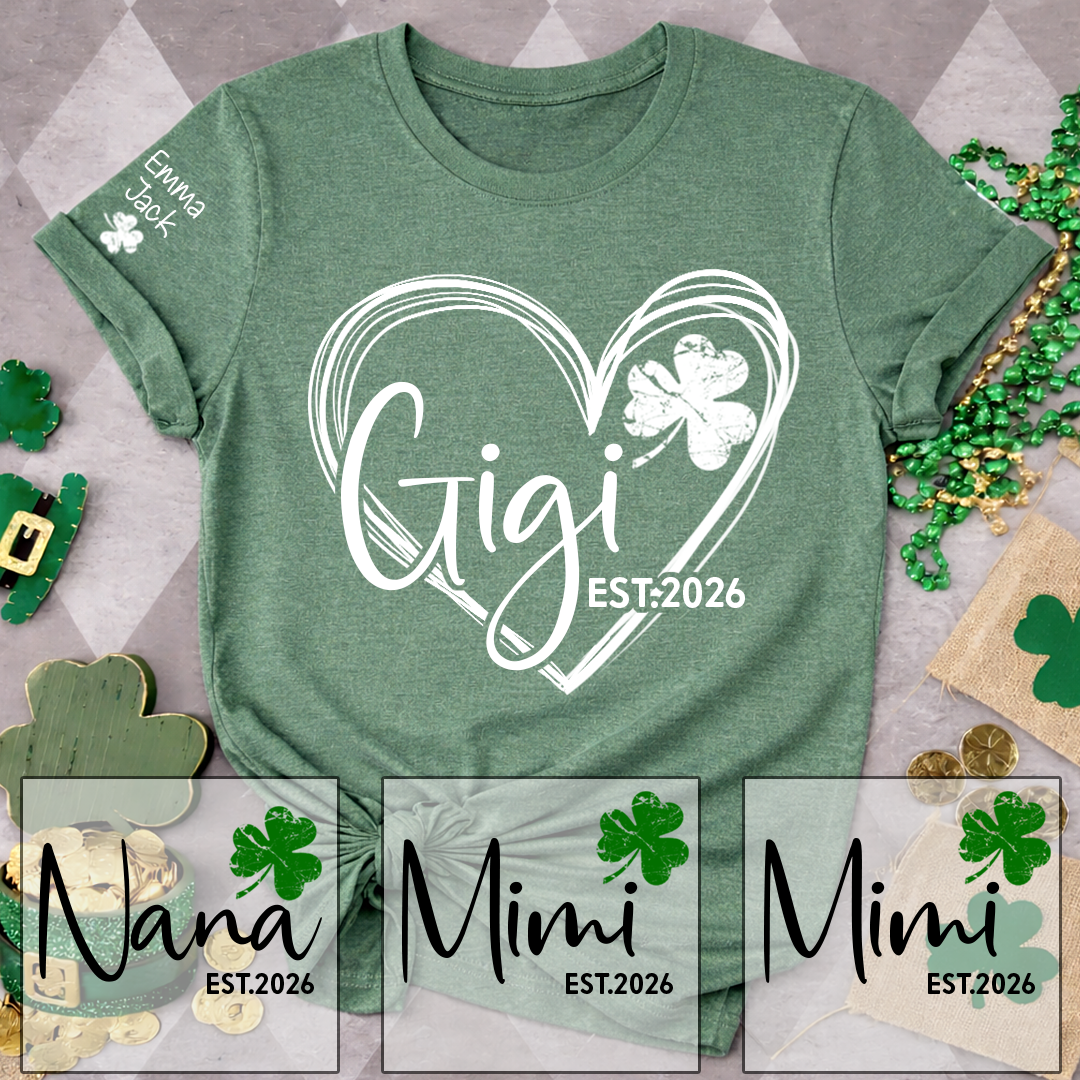 Cute Green T-Shirt With Gigi Shamrock Heart Print For St. Patrick's Day, With Your Grandchildren's Names