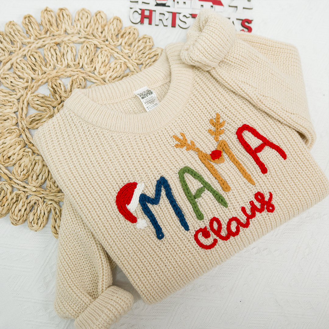 Custom Hand-Embroidered Christmas Knitted Sweater – Personalized Mama Claus Sweater with Festive Design