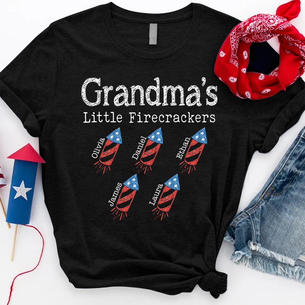 Custom Grandma Little Firecrackers T Shirt, Personalized Kids Names, Patriotic Firework Rockets Graphic, July 4th Family Matching Apparel