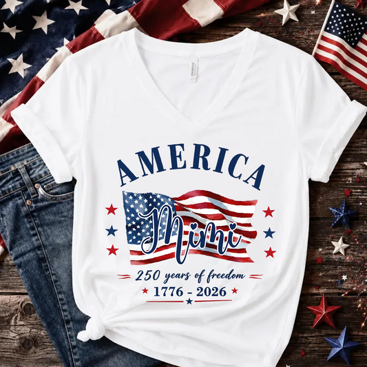 Personalized Mimi America 250 Years of Freedom V-Neck Shirt, Patriotic American Flag Shirt, 1776 2026 USA Celebration, Independence Day Birthday Gift for Mimi Nana Gigi