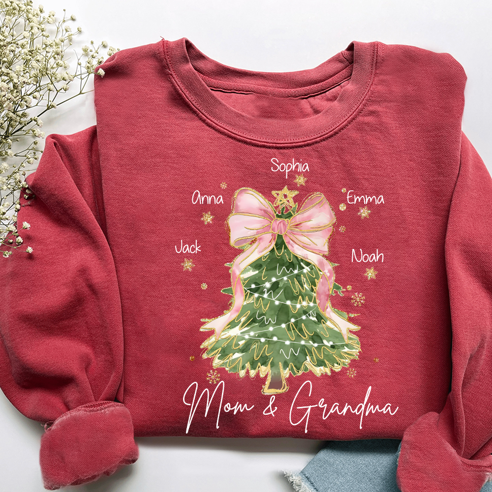 Personalized Mom and Grandma Christmas Sweatshirt, Custom Tree Design with Kids Names