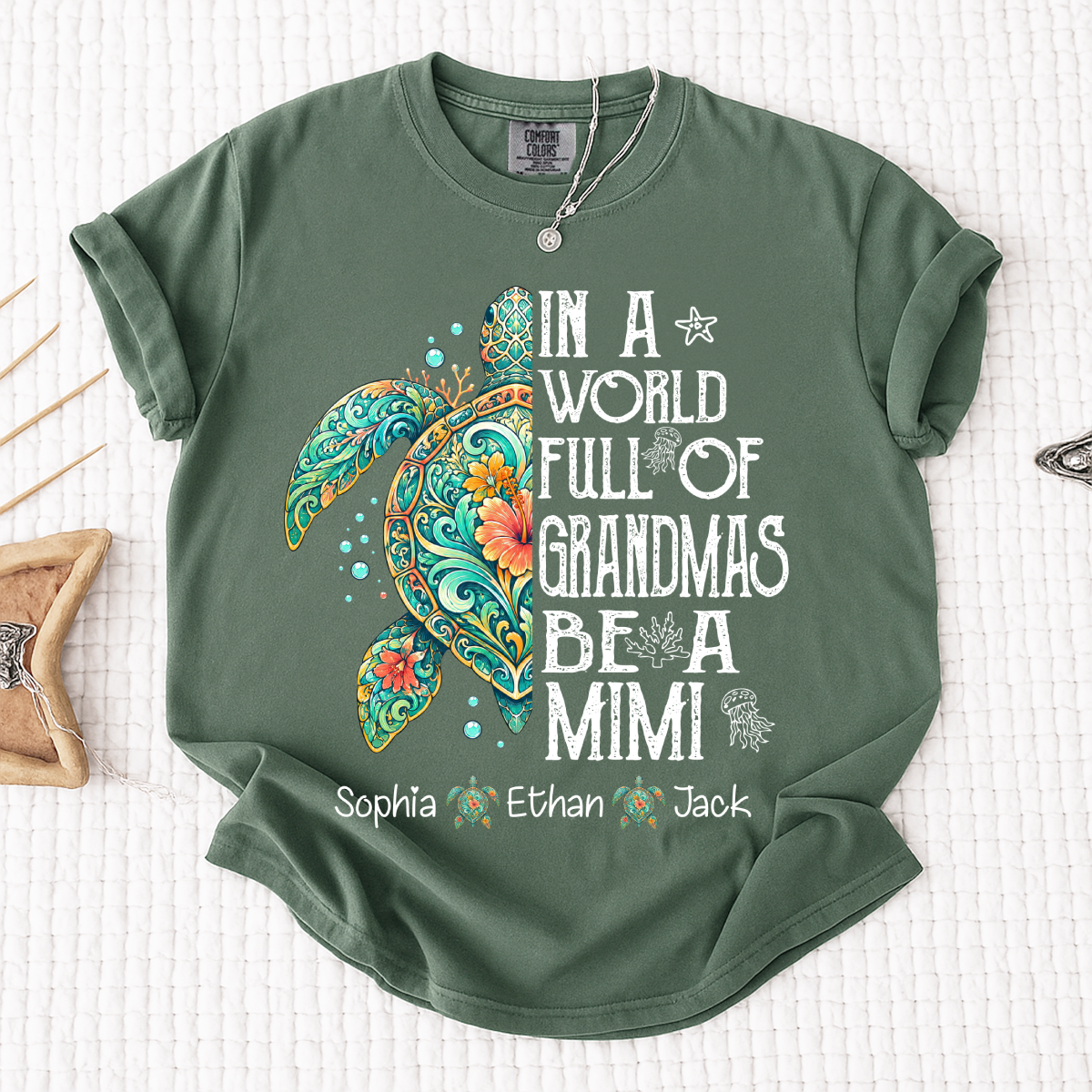 Cute Mimi Turtle Shirt for Women, Personalized Family Names T Shirt, Coastal Sea Life Graphic Tee, Gift for Grandma from Kids