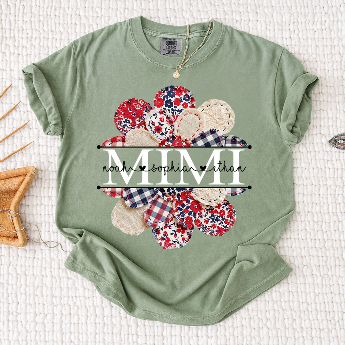 Comfort Colors Custom Mimi T-shirt with Grandkids Names, Red and Blue Floral Patchwork