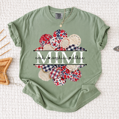 Comfort Colors Custom Mimi T-shirt with Grandkids Names, Red and Blue Floral Patchwork