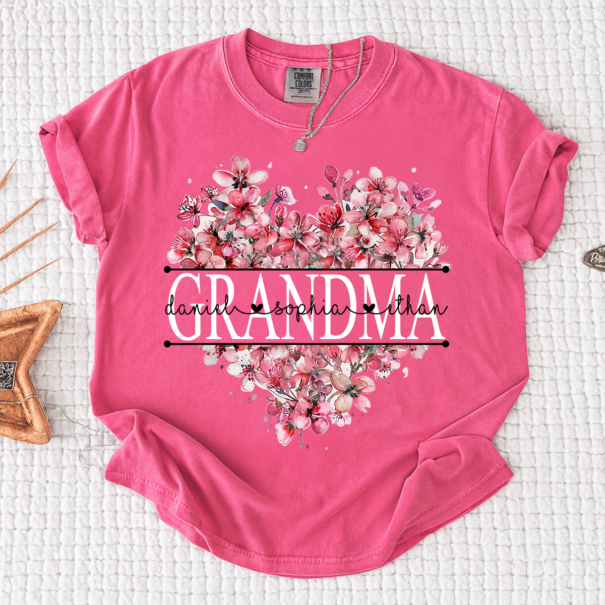 Comfort Colors Floral Heart Grandma Shirt, Custom Family Names and Heart Floral Design T Shirt