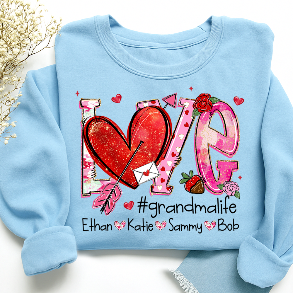 Custom Grandma Life Love Sweatshirt, Heart Patchwork Valentine Gift For Grandma And Kids