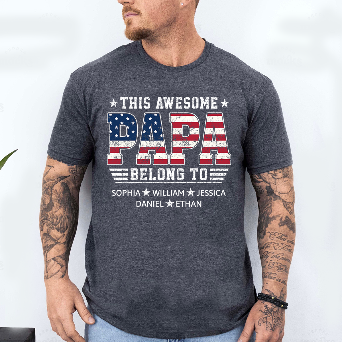 Custom Papa Shirt with Kids Names This Awesome Papa Belongs To Patriotic Grandpa Fathers Day Gift