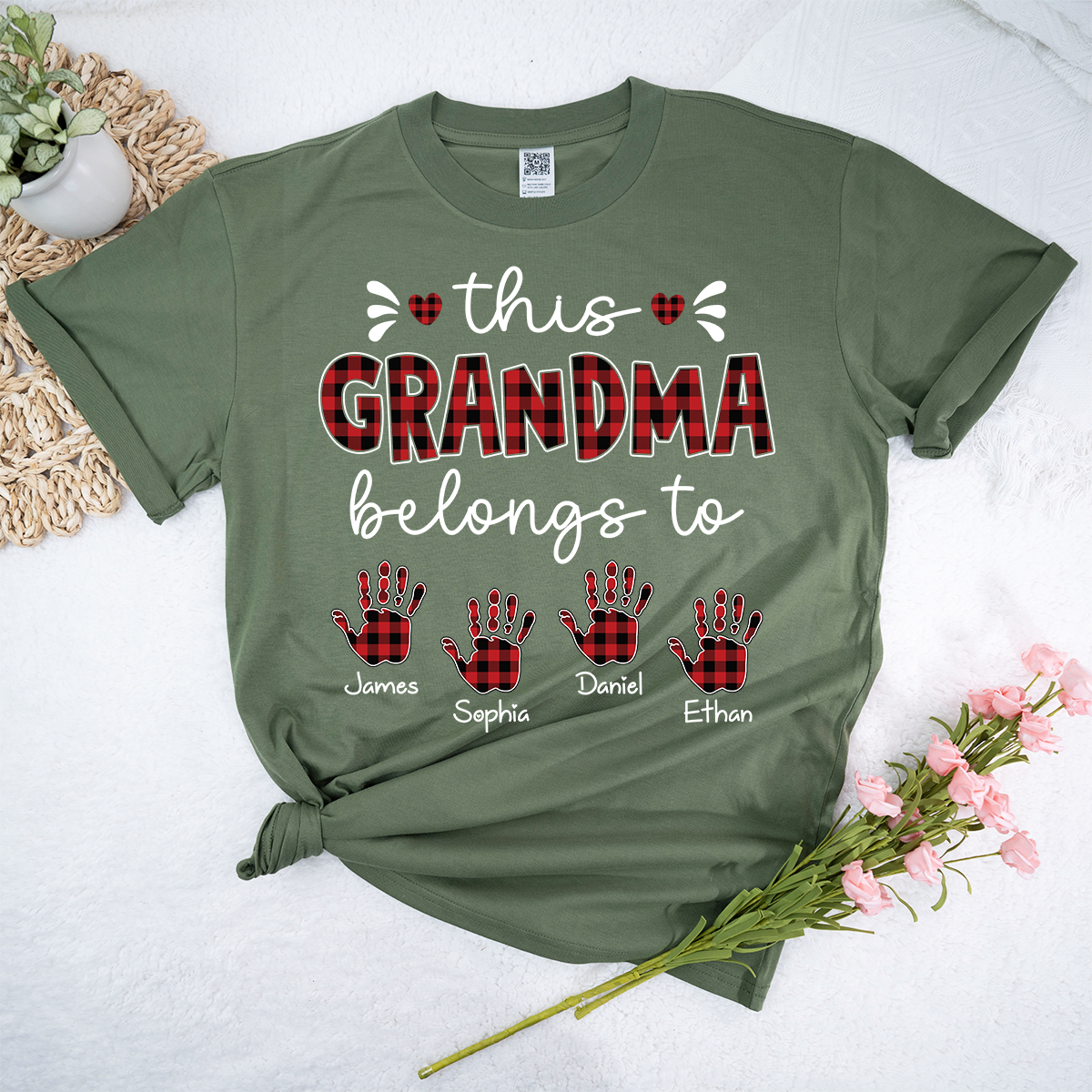 This Grandma Belongs To Tee, Custom Grandma Shirt with Grandkids Names, Red Plaid Handprint Gift, Meaningful Family Apparel