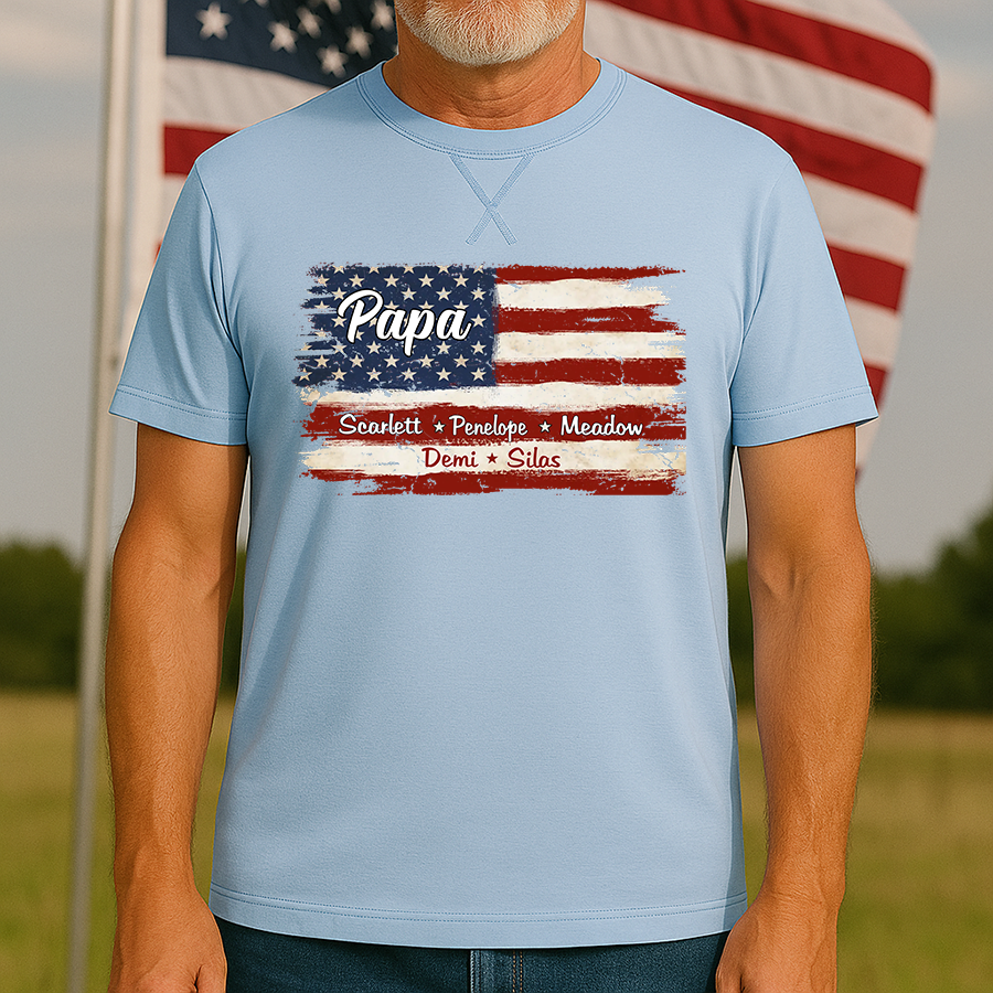 Grandpa With Grandkids Names 4th Of July Flag Classic X-Stitch Tee