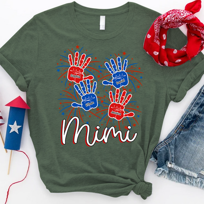 Personalized Mimi Shirt with Handprints, Custom Grandkids Names and Fireworks Design, Perfect Gift for Mimi