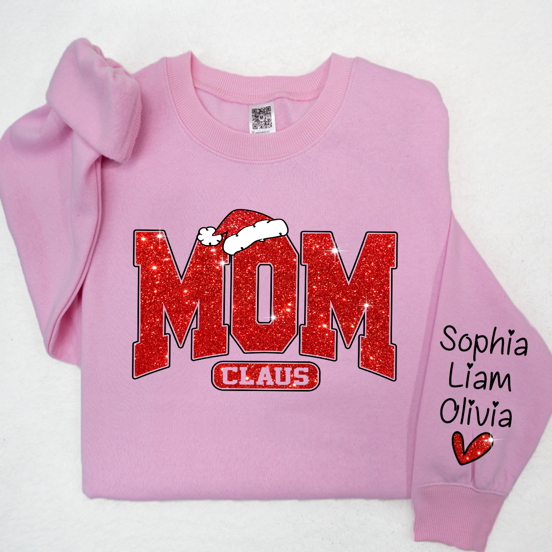 Glitter Merry Christmas Mom Sweatshirt With Kid Names On Sleeve, Mothers Day Gift LTP01