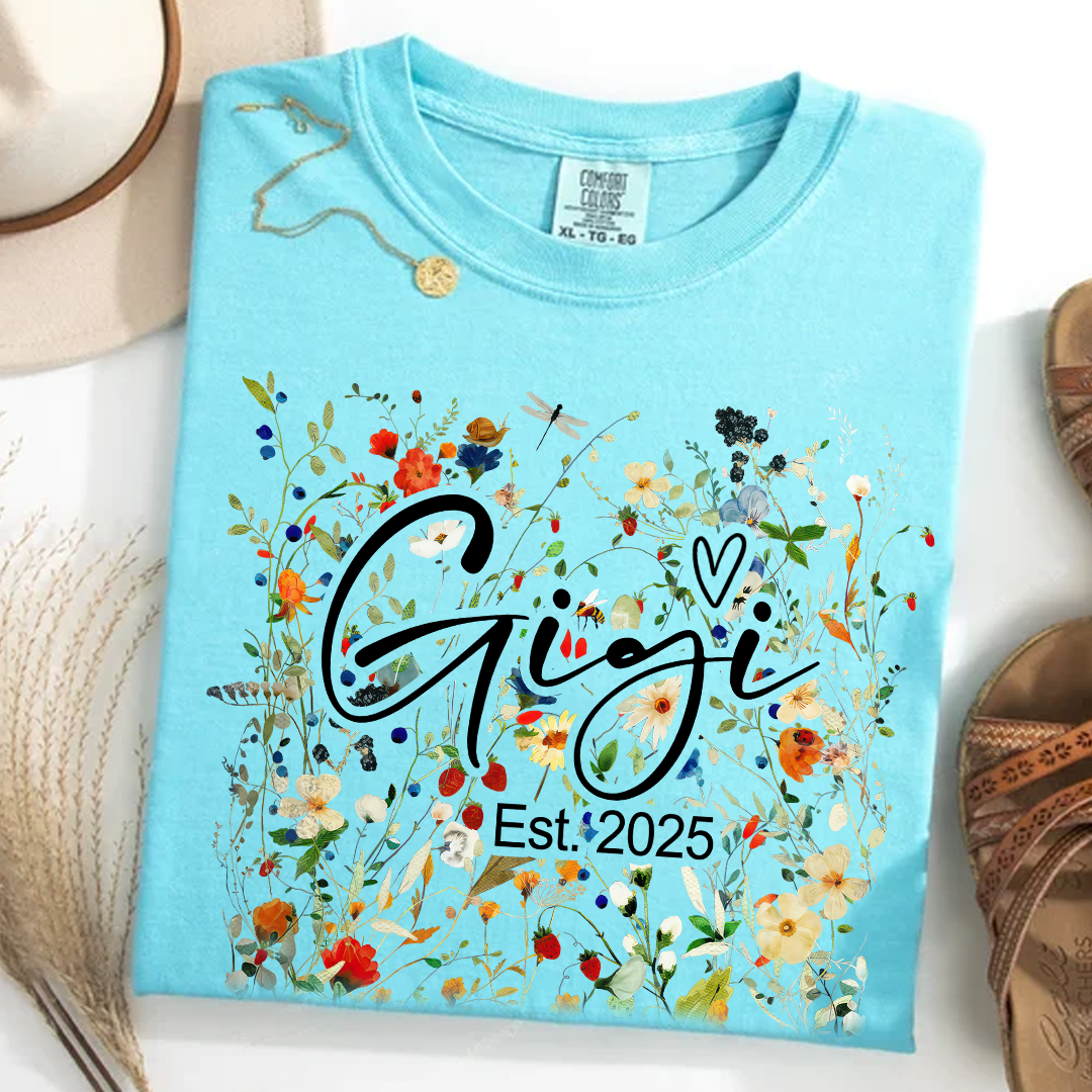 Comfort Colors® Gigi Est Wildflower T-Shirt, Custom Grandma With Grandkids Shirt