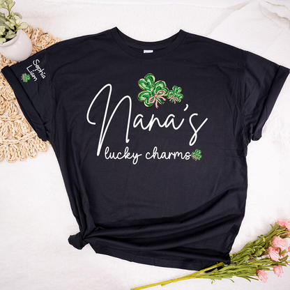Nana’s Lucky Charms Shirt Personalized Grandma Name Tee with Shamrock Design St Patrick Theme Gift for Nana