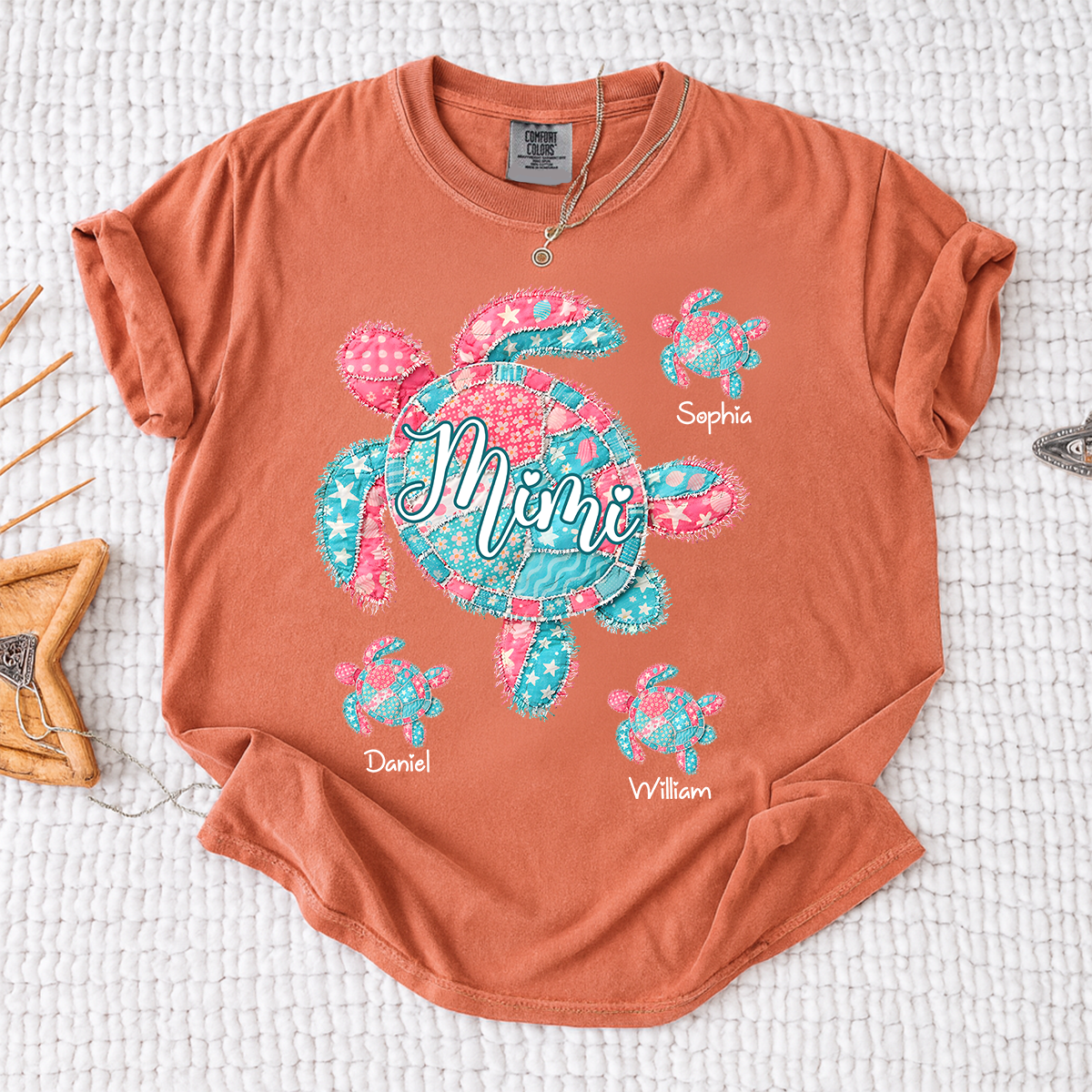 Comfort Colors Mimi Sea Turtle Shirt, Personalized Grandchildren Names T-Shirt, Coastal Grandma Beach Vacation Family Tee