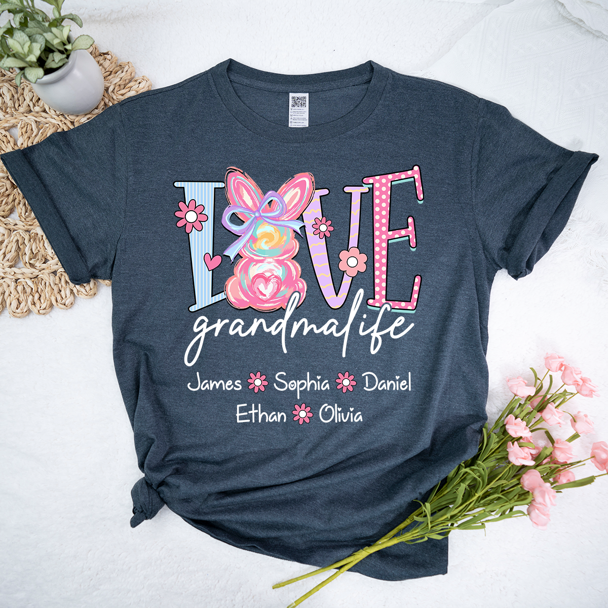 Grandma Life Shirt Love Design, Personalized Bunny Floral Grandma Tee