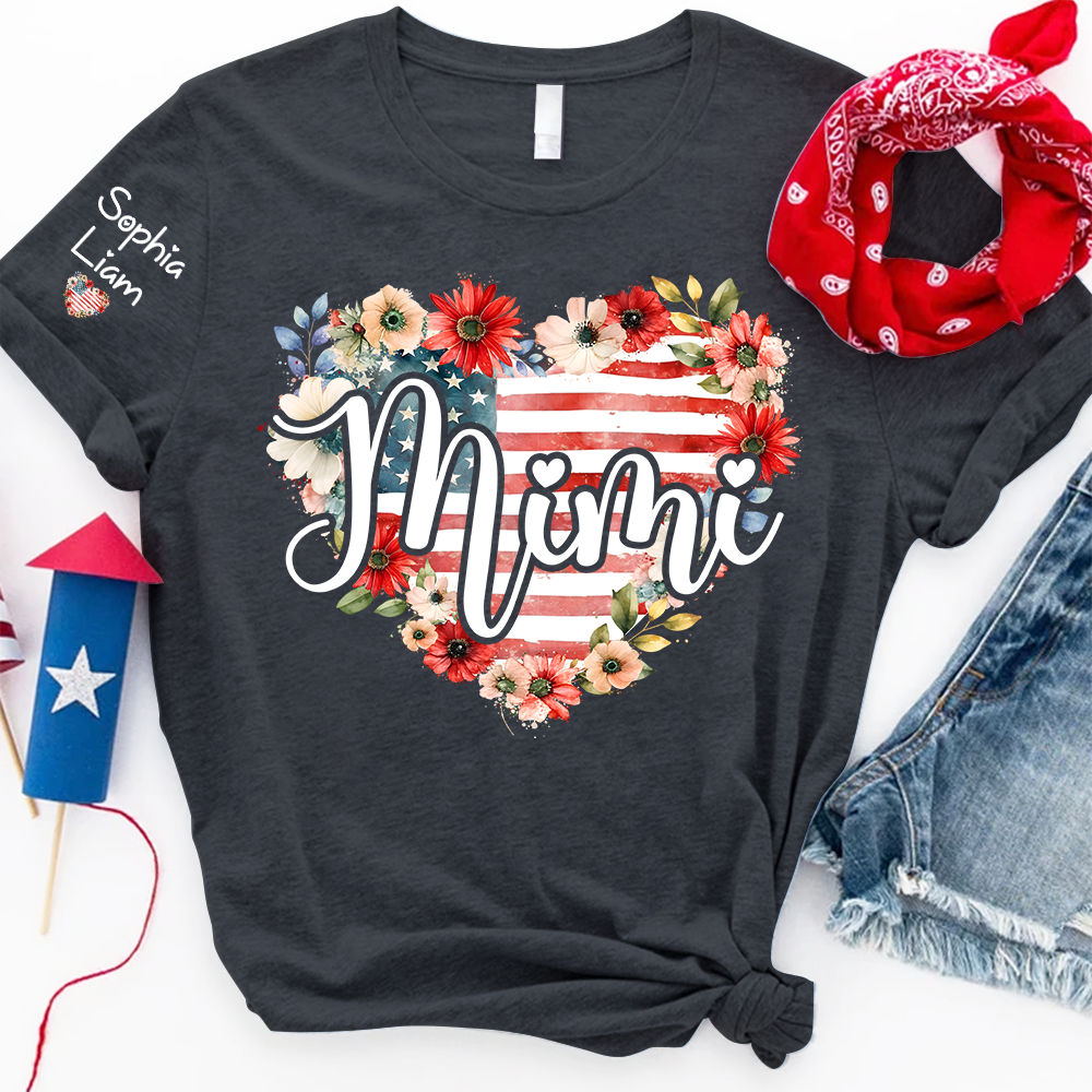 Mimi Patriotic Floral T Shirt, Custom Heart Design with American Flag, Personalized Gift for Grandma, Perfect for Mother’s Day