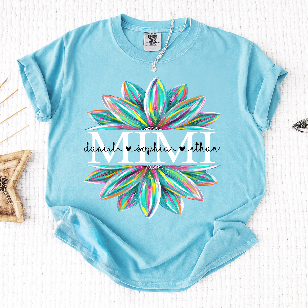 Comfort Colors Personalized MIMI T Shirt, Custom Family Names with Colorful Flower Design, Perfect Gift for Mimi