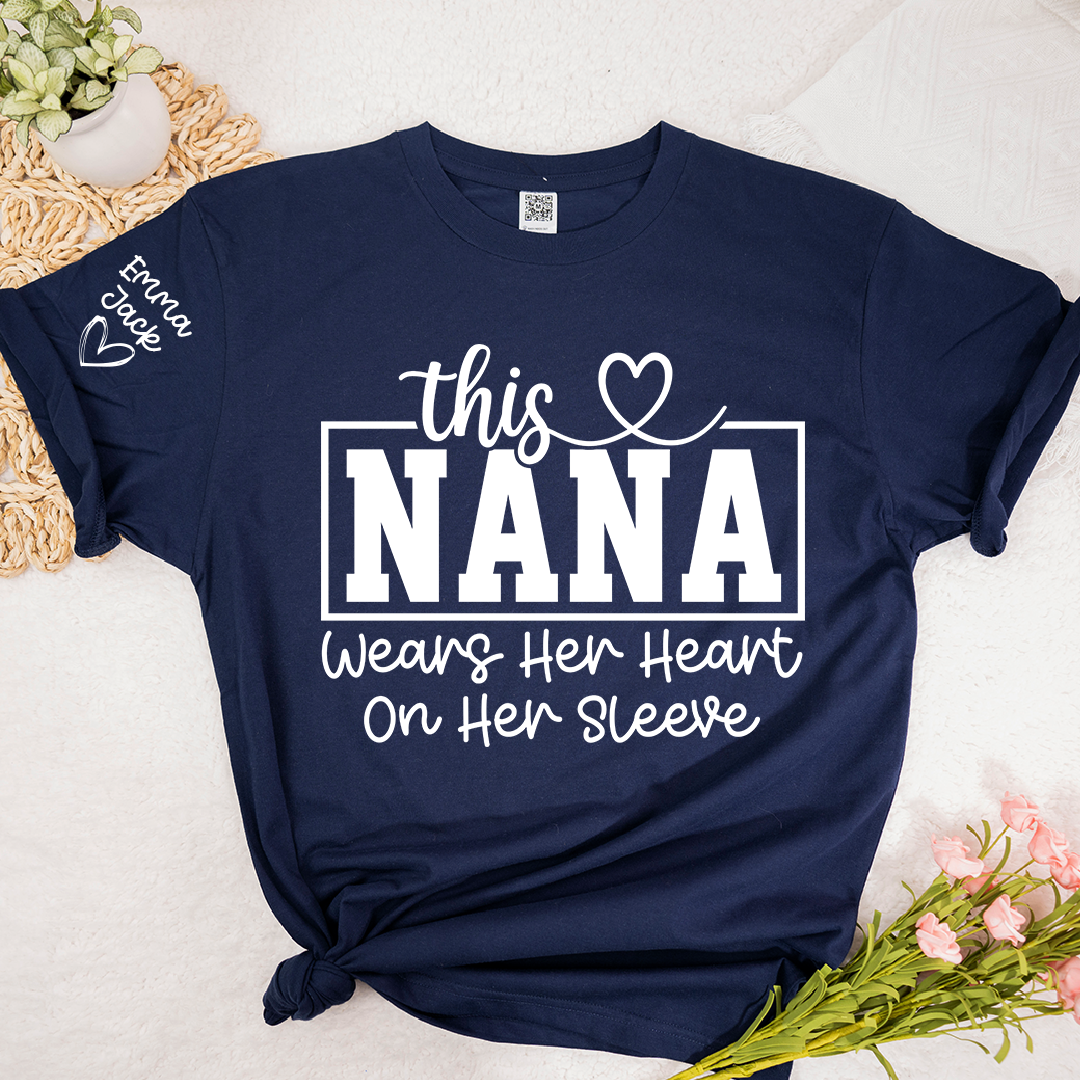 This Grandma Wears Her Heart on Her Sleeve Shirt, Personalized Grandkids Names Family T Shirt