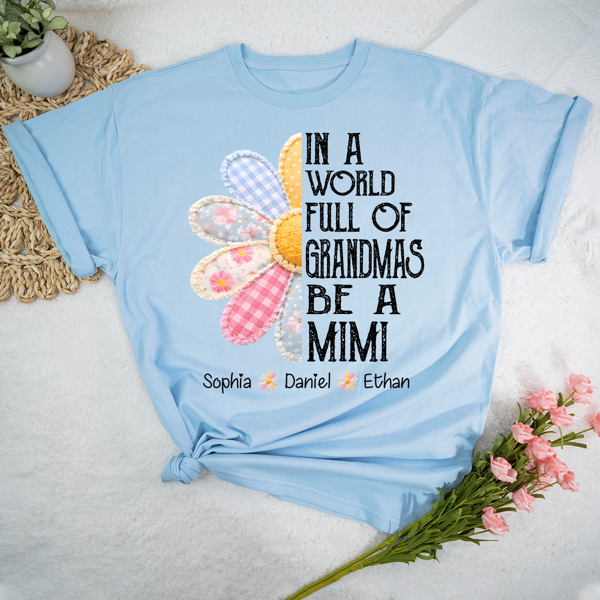 Custom Mimi T Shirt with Grandchildren Names, Vintage Patchwork Flower Graphic Tee, In A World Full of Grandmas Be a Mimi Shirt