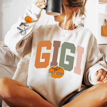 Custom Grandma Autumn Pumkin Sweatshirt, Personalized For Gigi And Kids