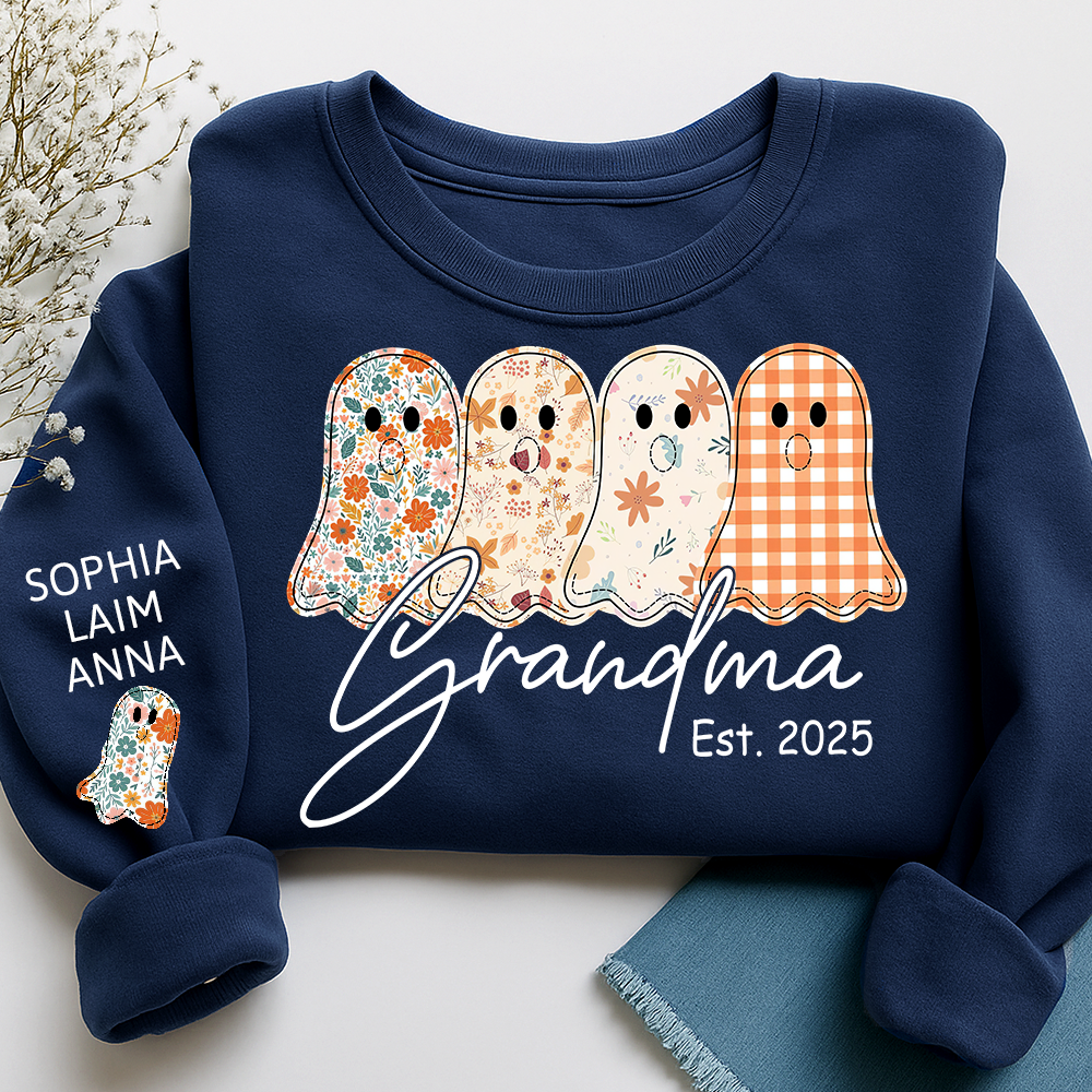 Personalized Fall Ghost sweatshirt, Custom Kids name on sleeve, For Gift Grandma