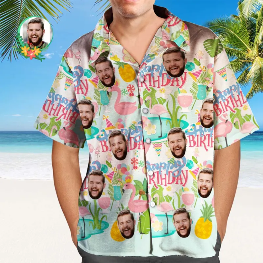 Custom Face All Over Print Hawaiian Shirt Flamingo Flowers And Leaves