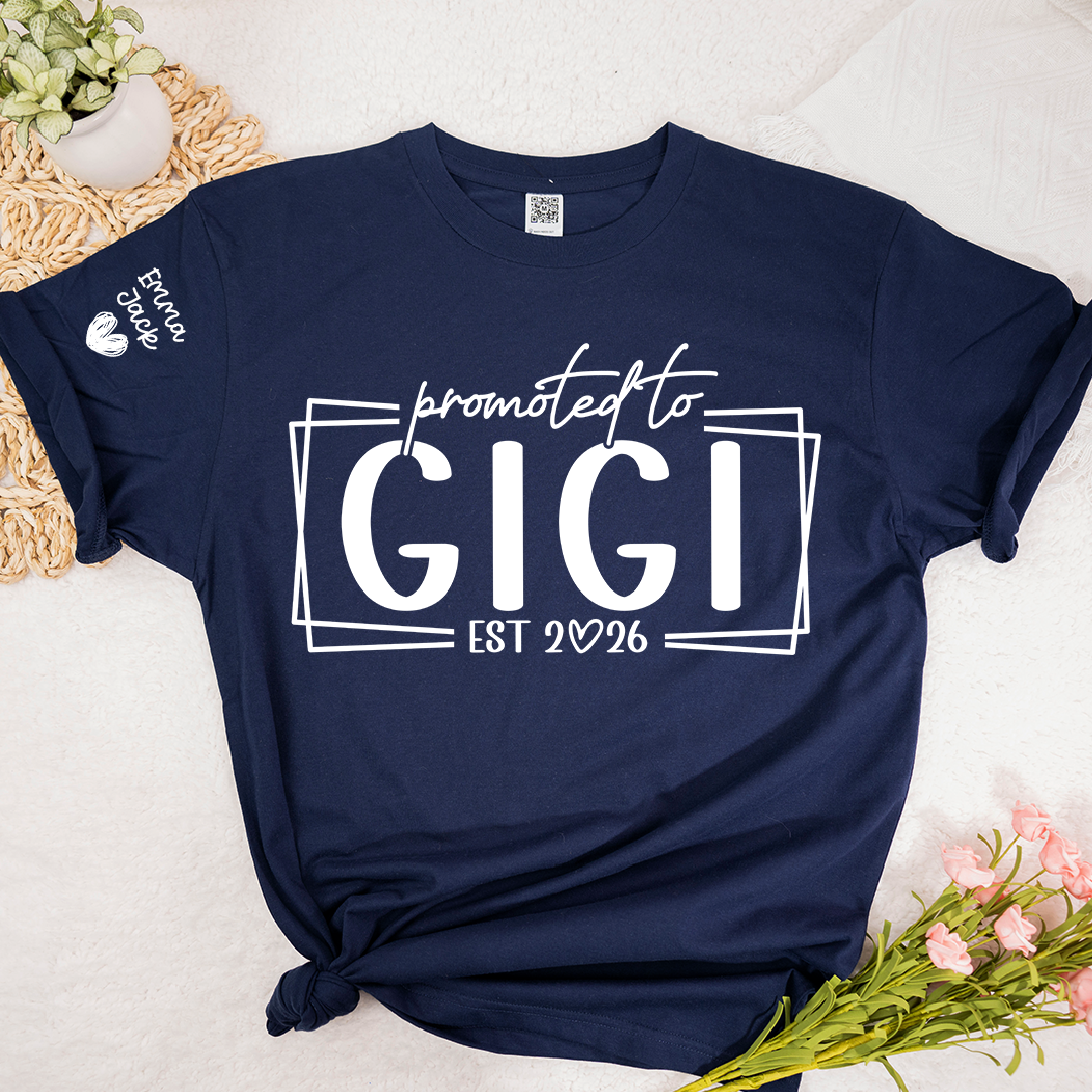 Promoted To Gigi Est 2026 Shirt, Personalized Grandkids Names Sleeve Tee, New Gigi Gift, First Time Grandma Announcement Shirt