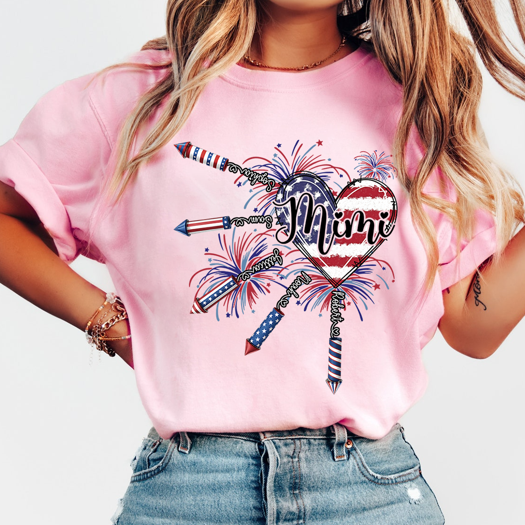 Patriotic Mimi Shirt with Firework Heart and American Flag Design for 4th of July