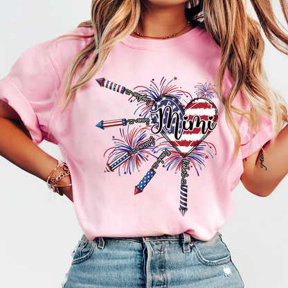 Patriotic Mimi Shirt with Firework Heart and American Flag Design for 4th of July