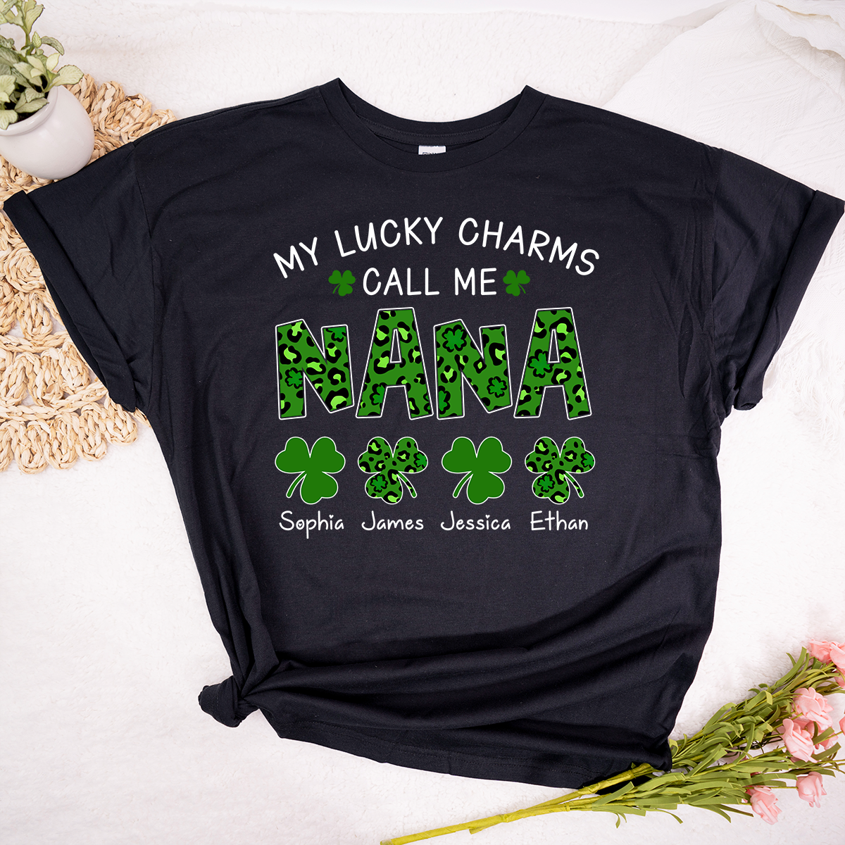 My Lucky Charms Call Me Nana Personalized Shirt, Custom Grandma Name Shirt With Kids Names, St Patrick’s Day Irish Theme Gift