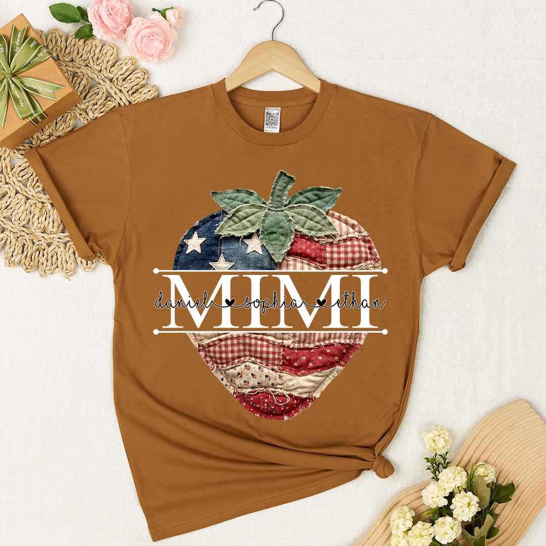 Custom 4th of July Mimi Strawberry T-Shirt, Personalized Patriotic Red White Blue Tshirt