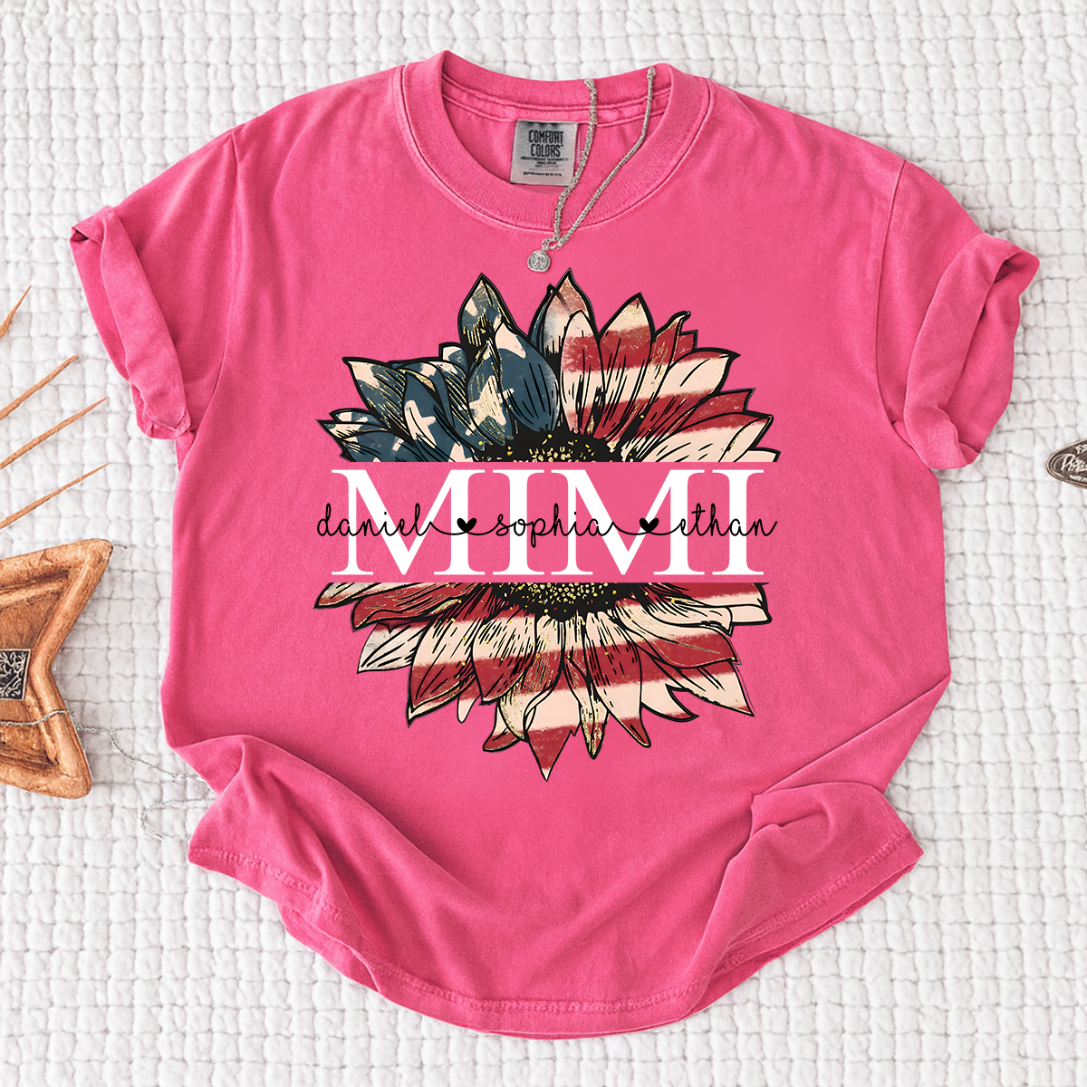Comfort Colors Personalized Mimi Shirt Sunflower American Flag Design, Custom Kids Names Grandma T Shirt