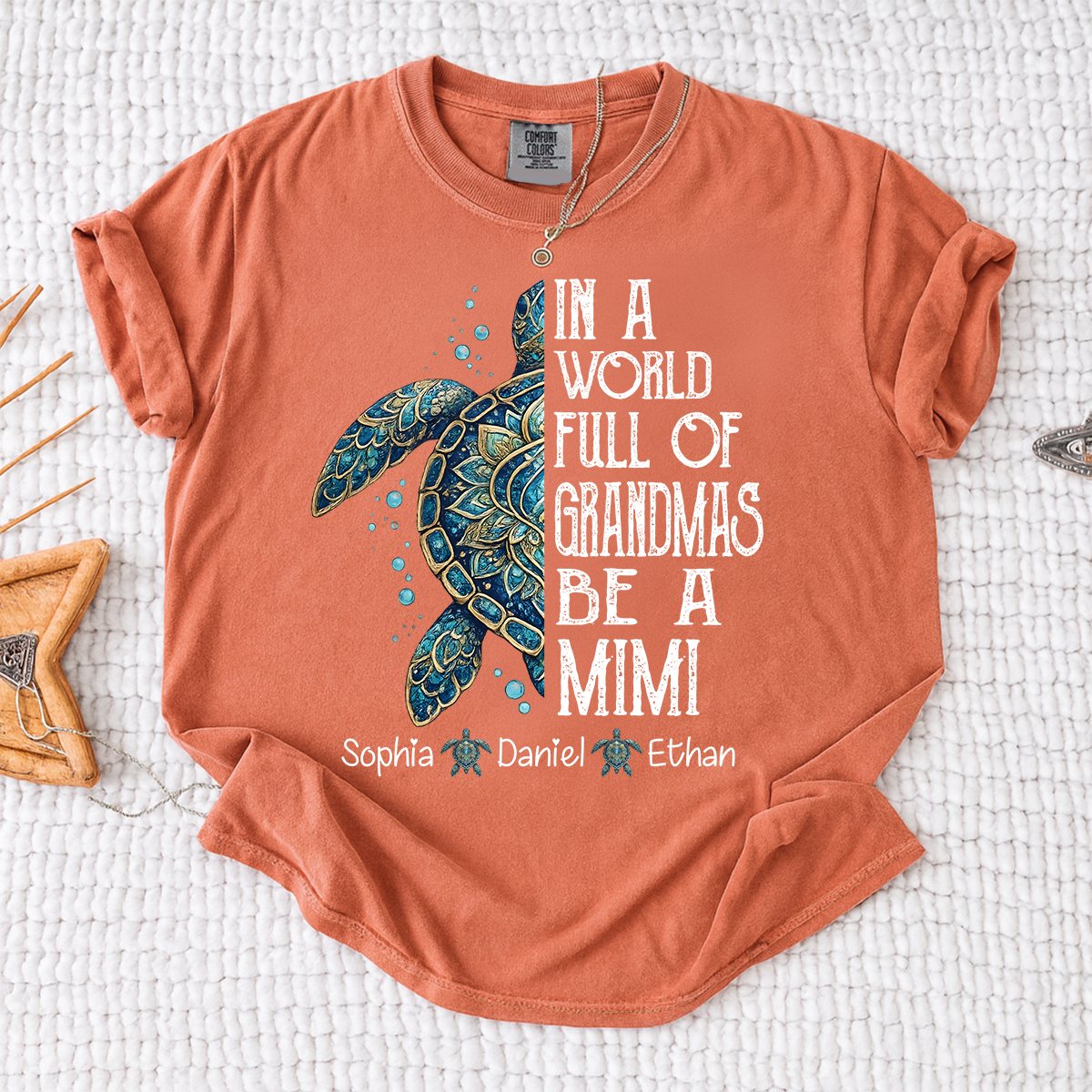 Comfort Colors Personalized Mimi Turtle Shirt, In A World Full Of Grandmas Be A Mimi Tee, Custom Grandkids Names Gift for Grandma