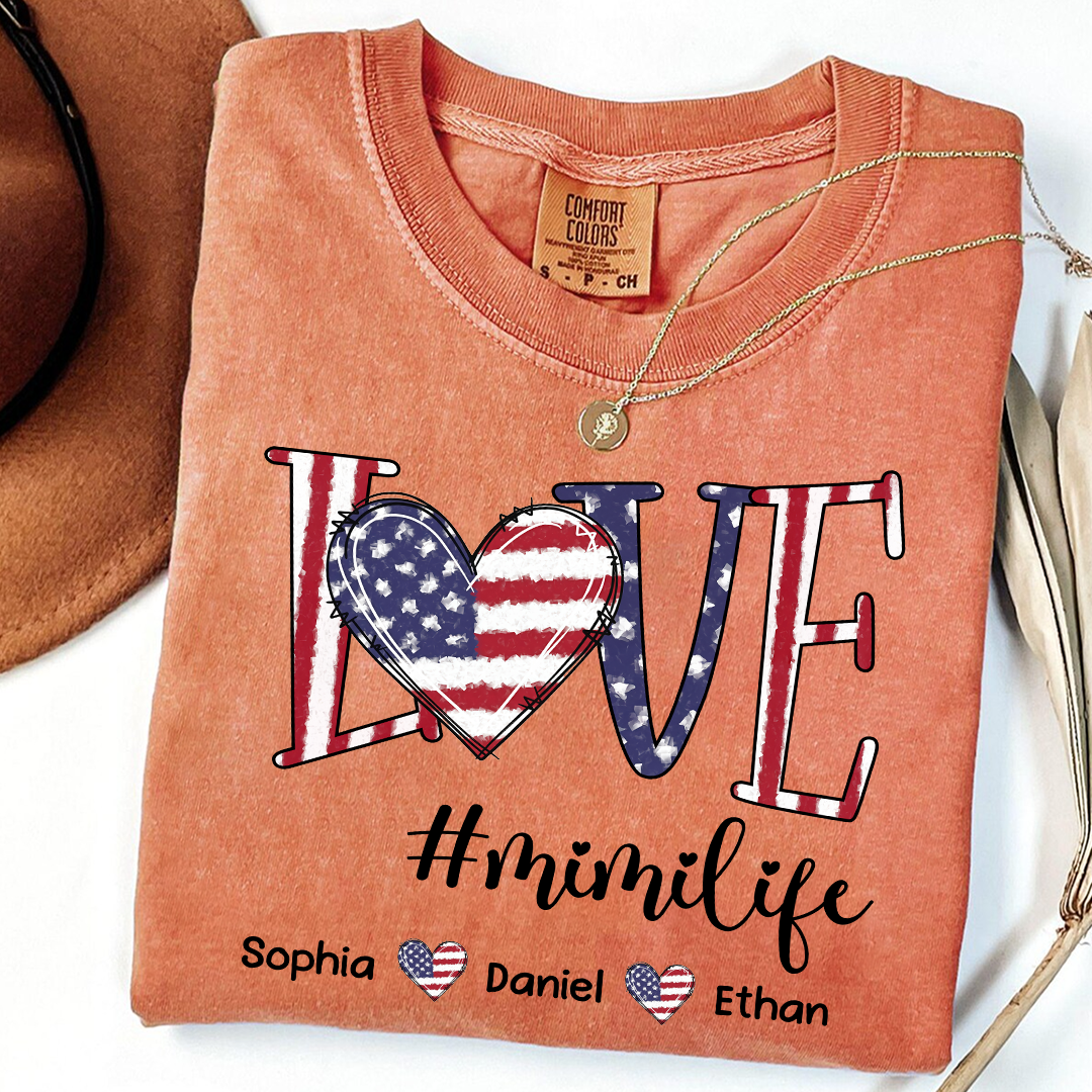 Comfort Colors Custom Mimi T Shirt with Grandkids Names USA Flag Love Graphic Mimi Life Shirt Personalized Grandma Apparel Family Gift