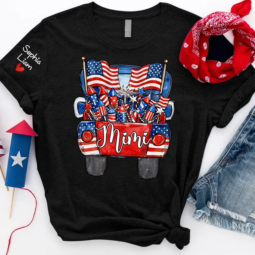 Personalized Mimi Shirt, Patriotic Truck Fireworks Design, Custom Name Sleeve, Fourth of July Shirt, Independence Day Family Outfit