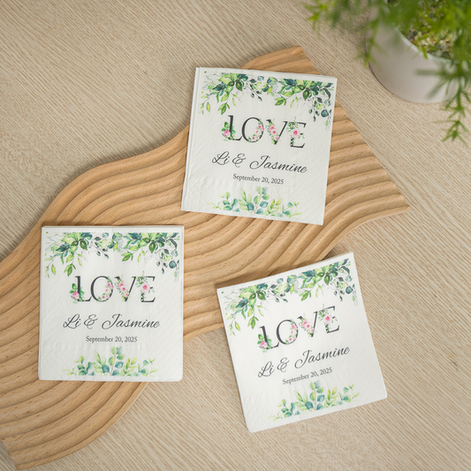 Personalized Wedding Napkins with Floral LOVE Print – Custom Names & Date – Elegant Botanical Greenery Decor for Romantic Reception