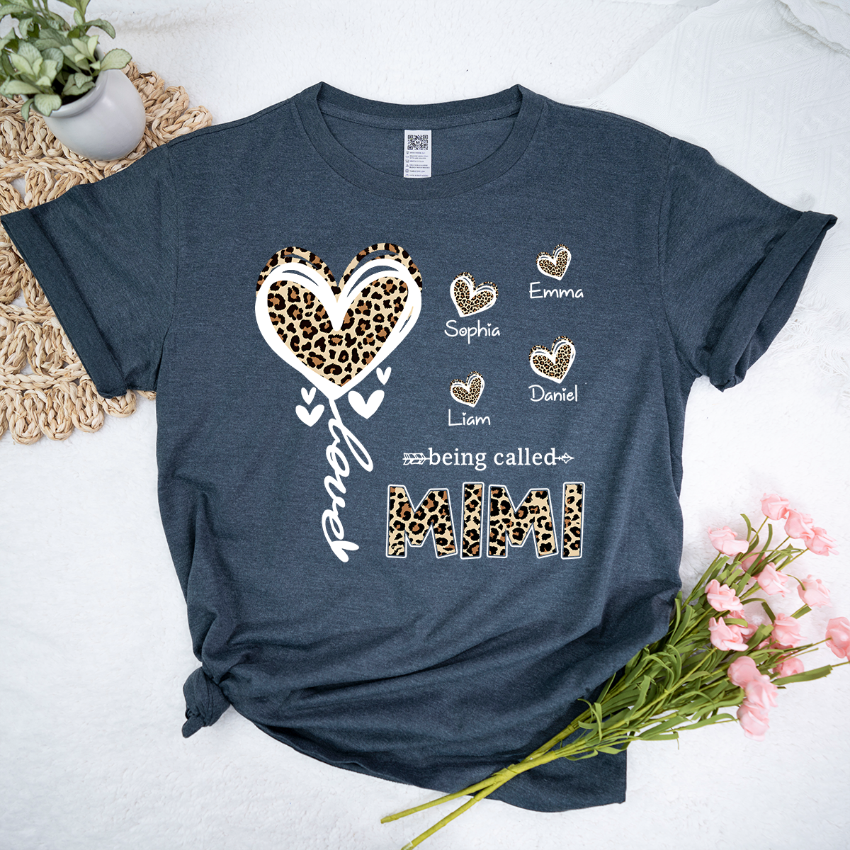 Personalized Mimi Grandma Shirt with Grandkids Names, Leopard Heart Being Called Mimi T-Shirt