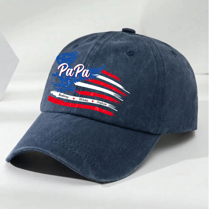 Personalized PaPa American Flag Hat for Grandpa, Custom Kids Names Patriotic Eagle Cap, Fathers Day Gift for Papa Grandfather Birthday Present for Men
