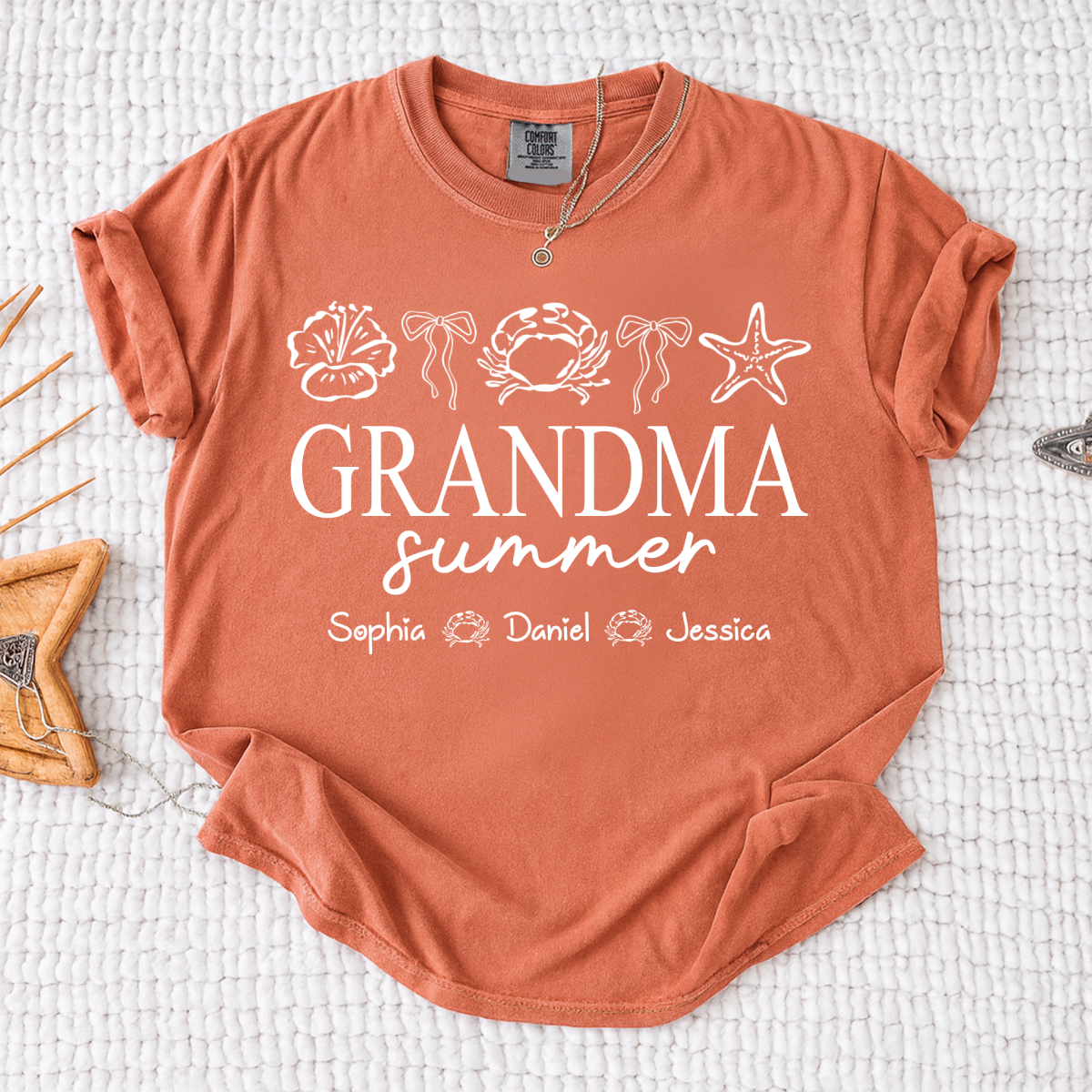Comfort Colors Grandma Summer Beach T-Shirt, Personalized Ocean Fish Graphic Tee, Custom Kids Names Coastal Grandma Apparel
