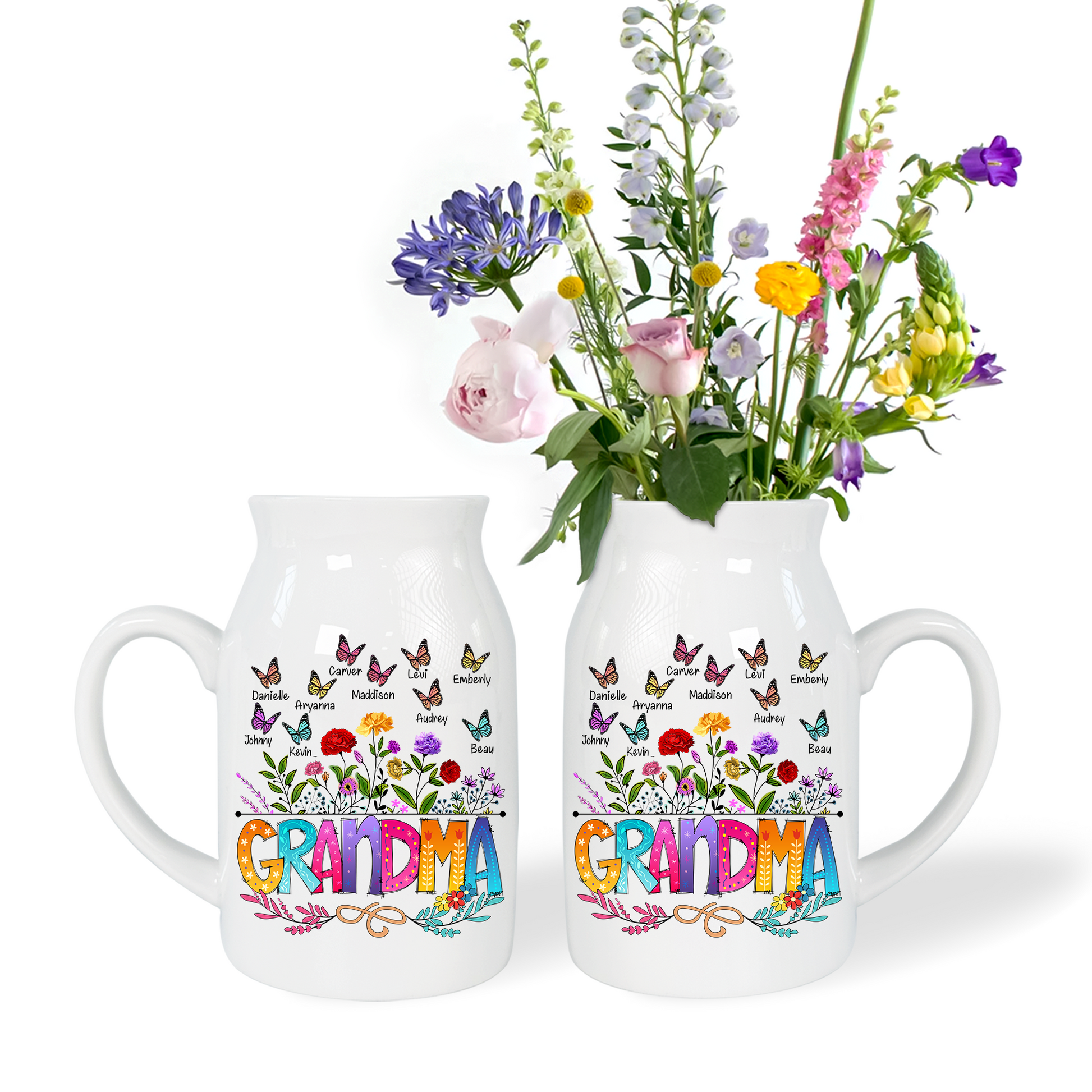 Grandma And Kids - Custom Home Decoration Flower Vase According To Family Requirements - Warm Gift For Mother's Day, Ceramic Flower Vase
