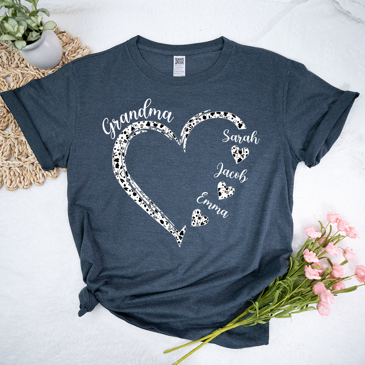 Personalized Grandma Shirt with Grandkids Names, Custom Heart Grandma T Shirt Gift
