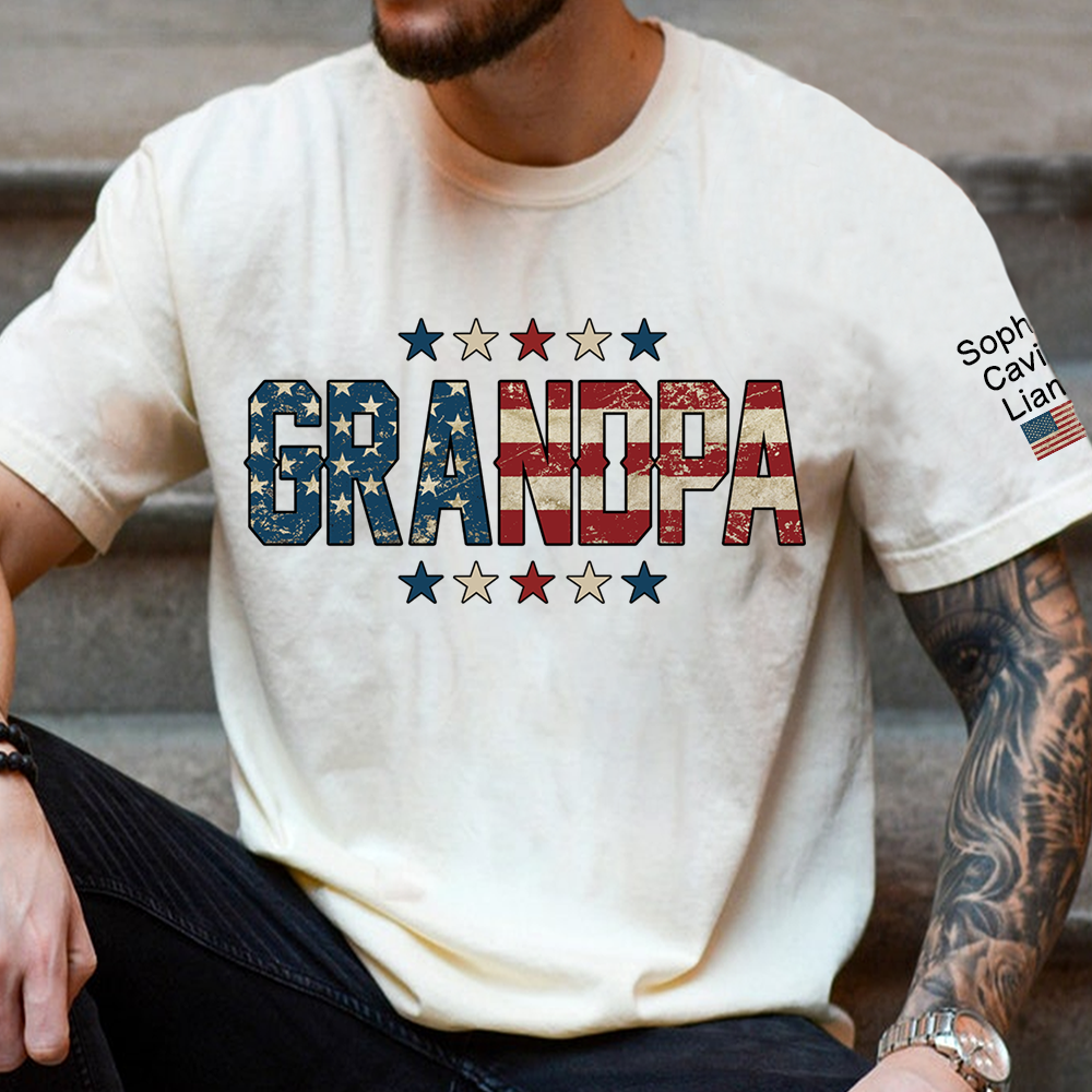 Grandpa Patriotic Shirt, Personalized Grandpa T-Shirt with American Flag Design and Custom Names