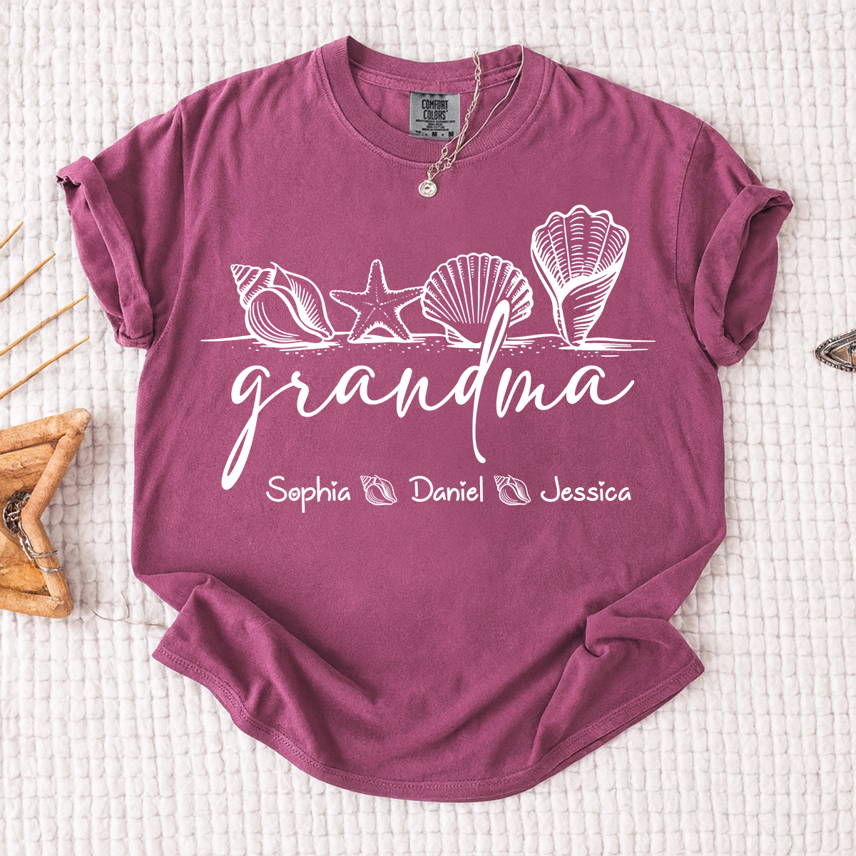 Comfort Colors Custom Grandma Seashell Shirt, Personalized Grandchildren Names Tee, Beach Lover Grandma Gift for Mother's Day and Birthday