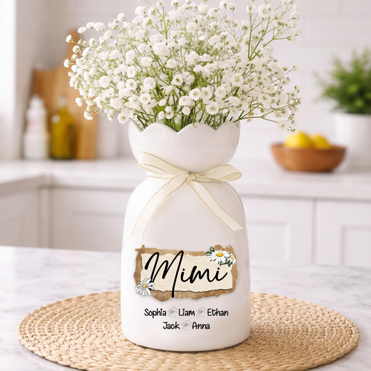 Personalized Mimi Flower Vase with Grandkids' Names, Custom Ceramic Vase, Perfect Gift for Mimi