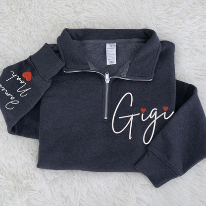 Gigi Heart Embroidered Quarter Zip, Personalized Name Sweater for Grandma