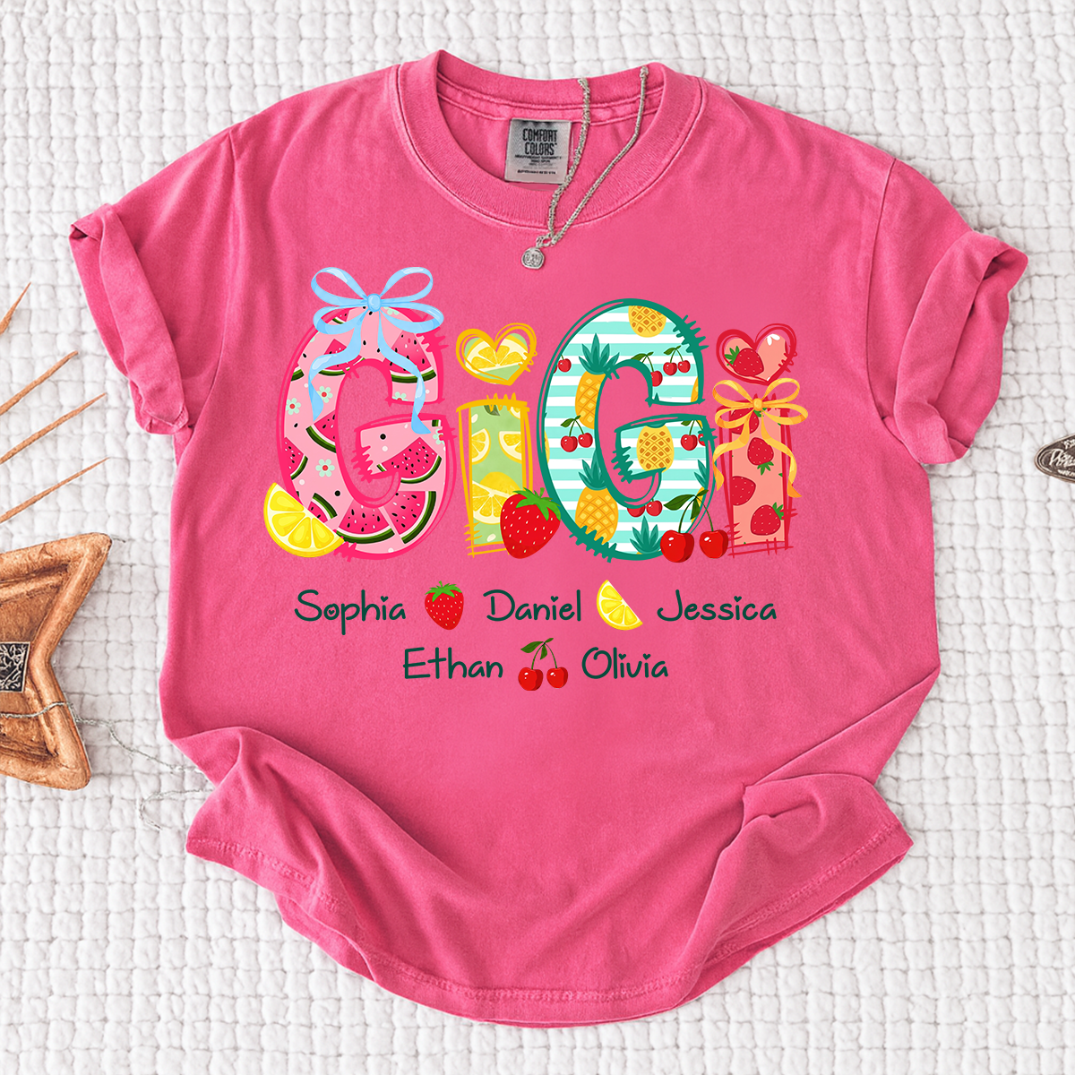 Comfort Colors Custom Gigi Shirt for Grandma, Personalized Family Name T Shirt, Summer Fruit Graphic Tee with Kids Names