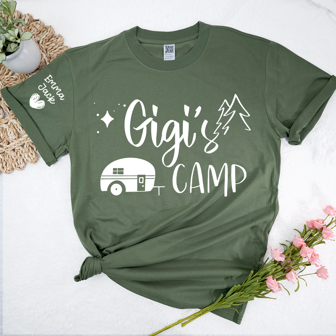 Gigi's Camp Shirt Personalized with Grandkids Names, Funny Camping Grandma Tee, Camper Trailer Graphic T Shirt